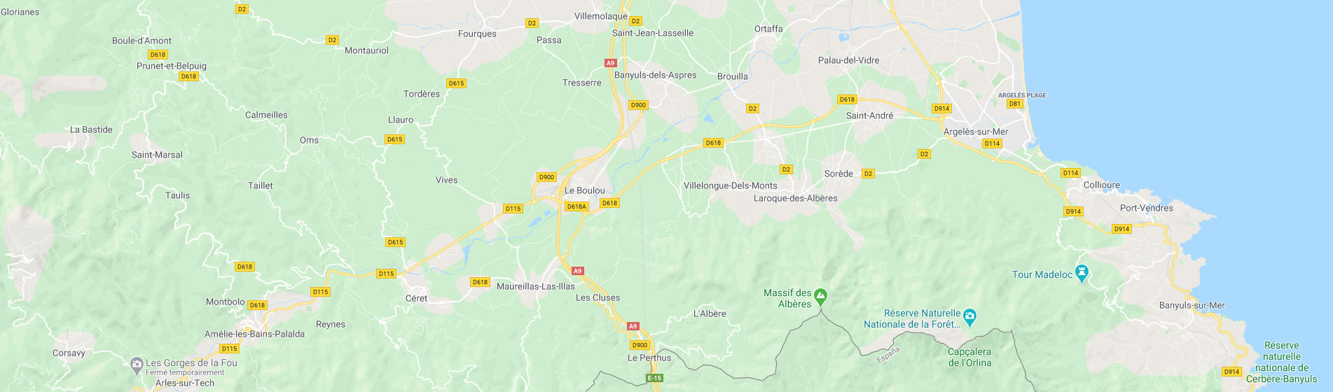 Zone géographique ramonage sur Argelès sur Mer, Céret, Le Boulou, Banyuls-sur-Mer, Port-Vendres, et les communes du Tech